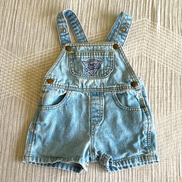 Vintage Guess Baby Overalls 6 Months Denim Shortalls 90s Y2K Infant Made In USA - Picture 1 of 8